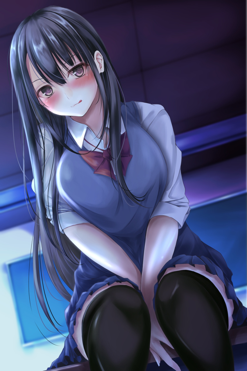1girl, :p, arms_between_legs, bangs, black_hair, black_legwear, blue_cardigan, blue_skirt