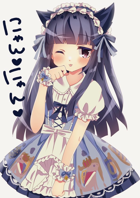 1girl, akashiro_hana, animal_ears, bell, black_hair, blush, cat_ears, collared_dress, cowboy_shot, eyebrows_visible_through_hair, headdress, idolmaster, idolmaster_shiny_colors, jingle_bell, long_hair, mayuzumi_fuyuko, one_eye_closed, paw_pose, puffy_short_sleeves, puffy_sleeves, short_sleeves, solo, tongue, tongue_out, two_side_up, wrist_cuffs