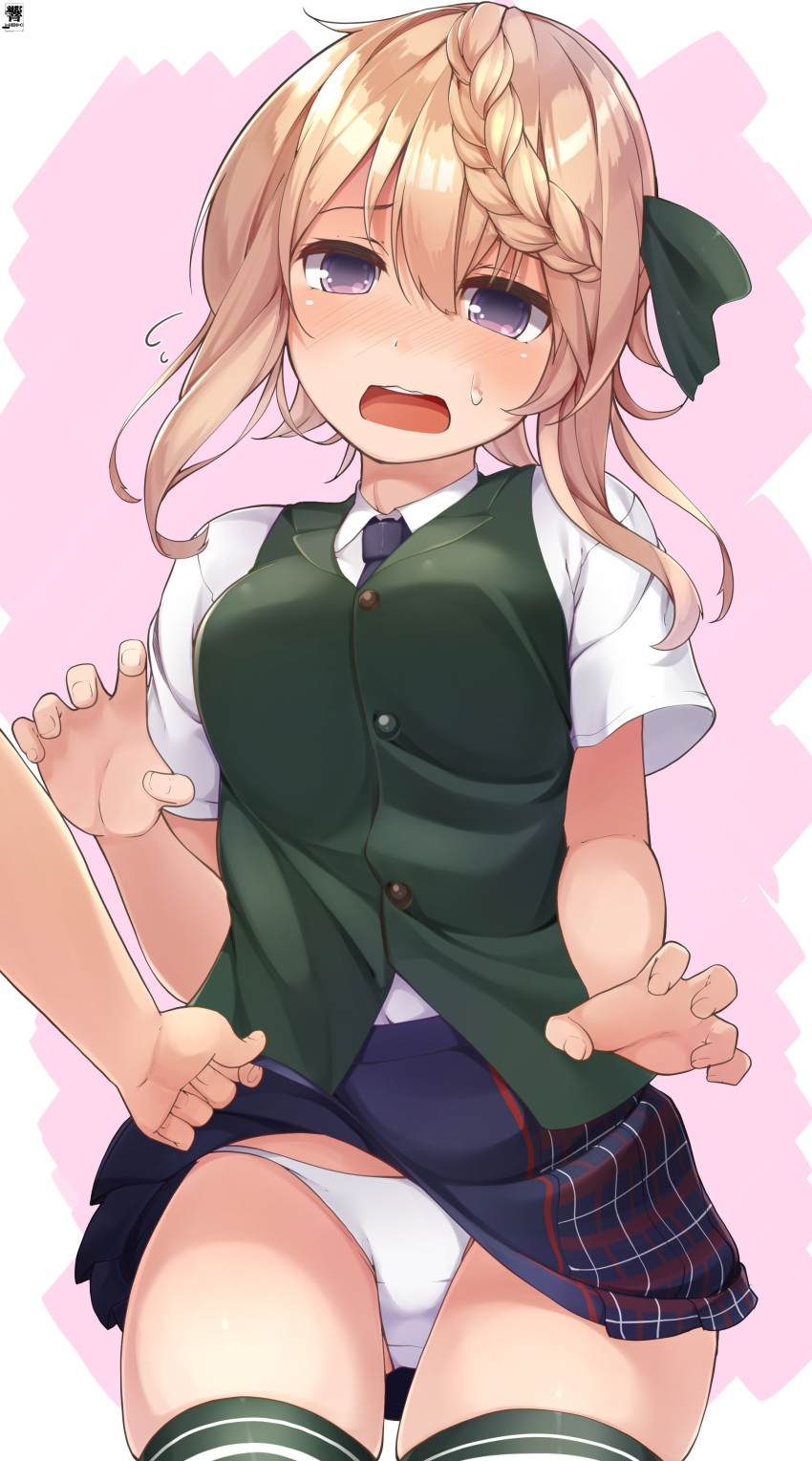 1girl, absurdres, blonde_hair, blue_neckwear, blue_skirt, blush, breasts, buttons
