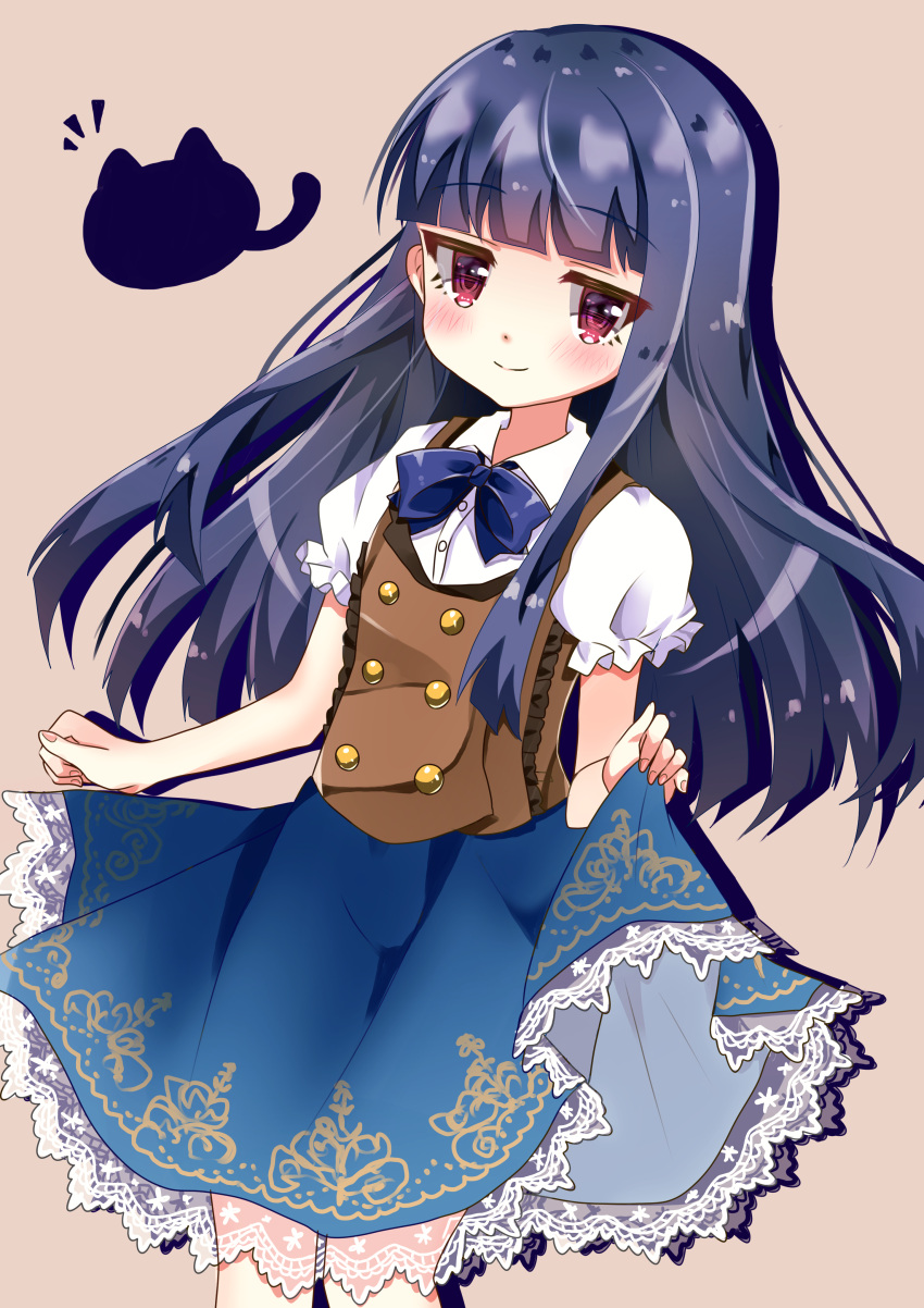 1girl, absurdres, akashiro_hana, bangs, blue_bow, blue_hair, blue_neckwear, blue_skirt
