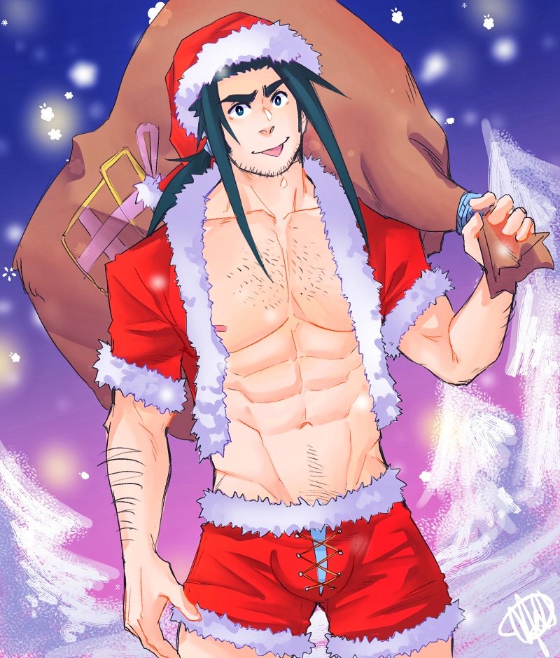 1boy, :p, abs, bara, bare_chest, behind_back, black_eyes, black_hair