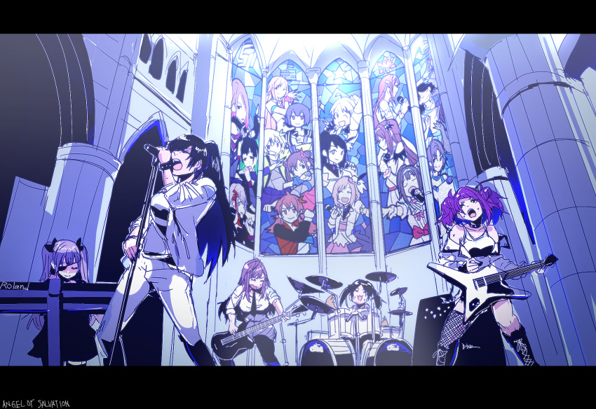 5girls, black_hair, brown_hair, church, commentary_request, drum, drum_set, grey_hair