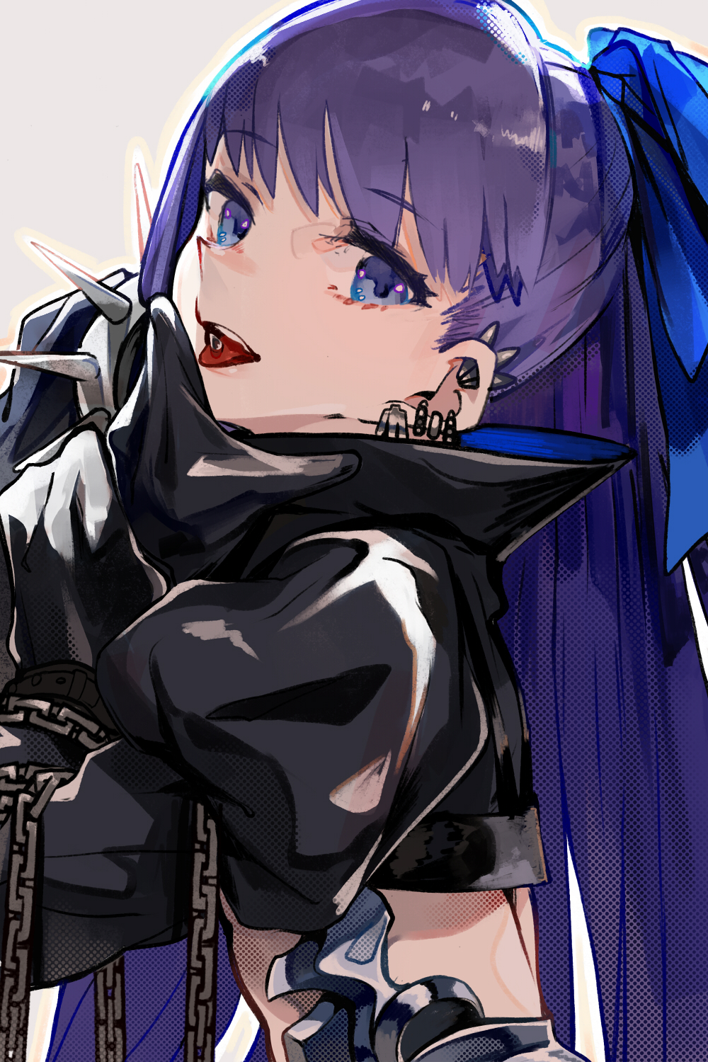 1girl, :d, bangs, blue_eyes, blue_ribbon, chain, ear_piercing, earrings