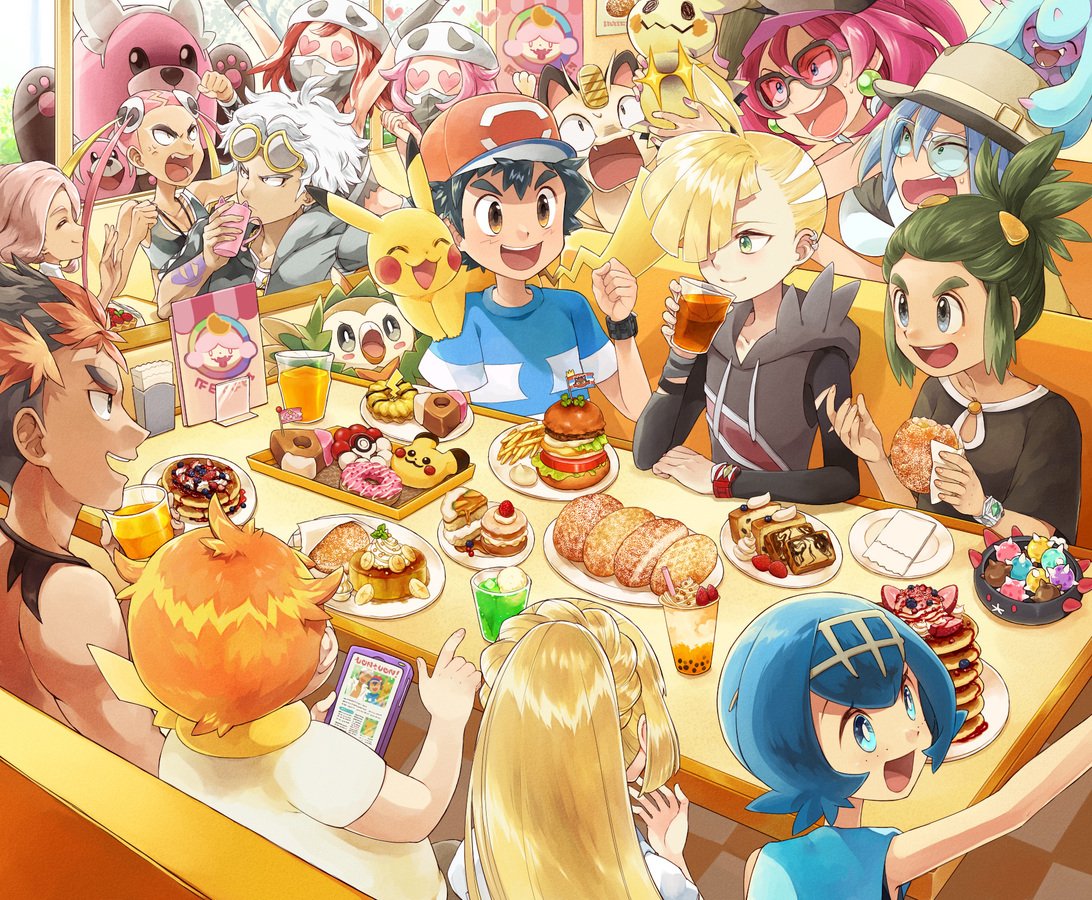 6+boys, 6+girls, :d, ahoge, arm_up, ash_ketchum, baseball_cap, bewear