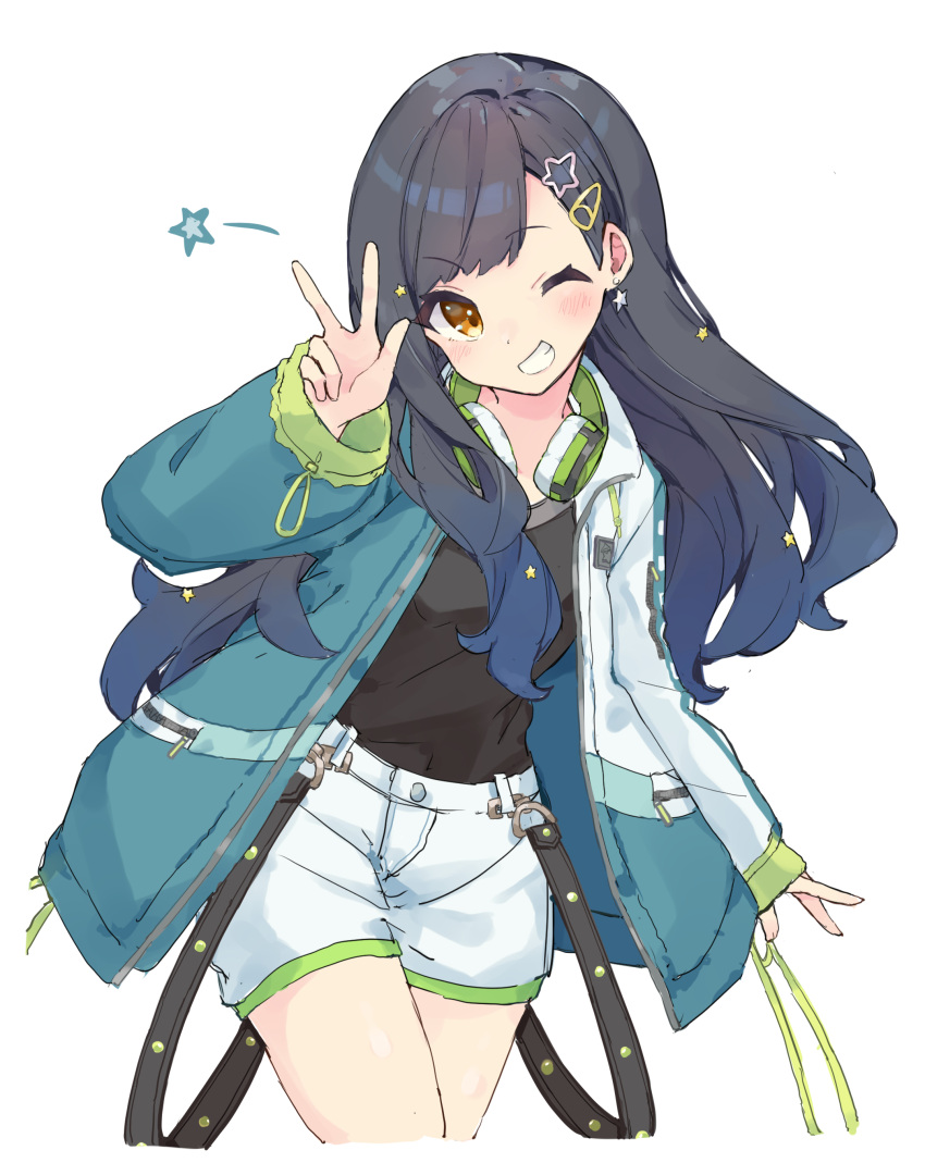 1girl, absurdres, bangs, black_hair, black_shirt, blue_jacket, blush, brown_eyes