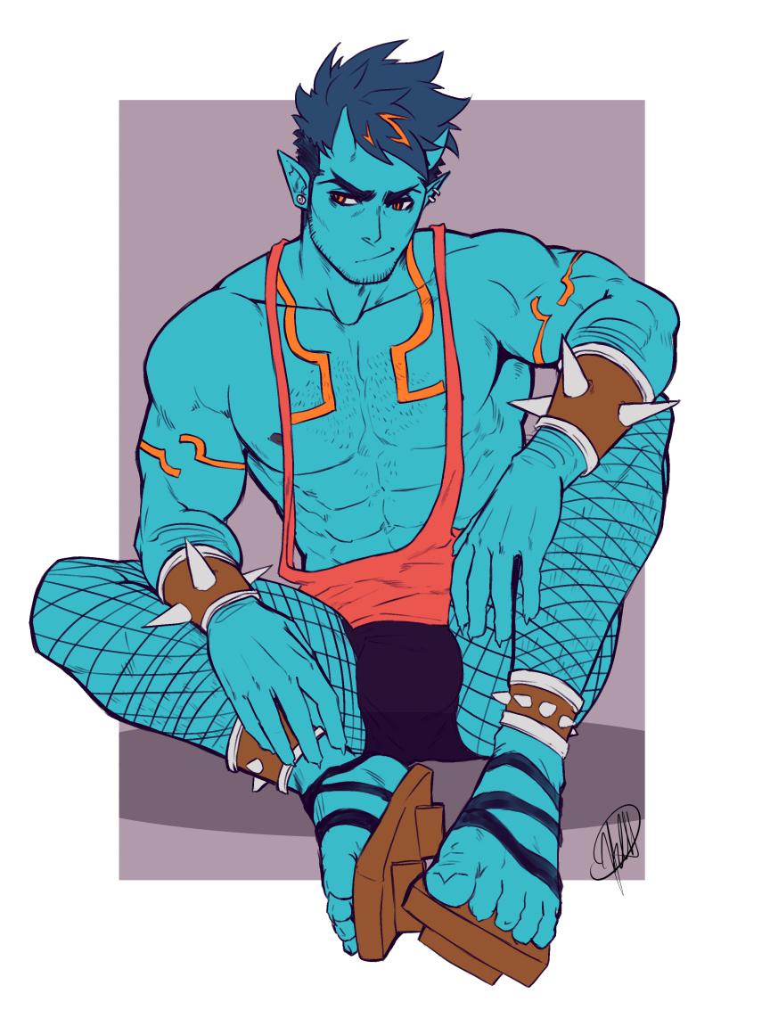 1boy, abs, bara, bare_arms, bare_chest, blue_oni, blue_skin, bracelet