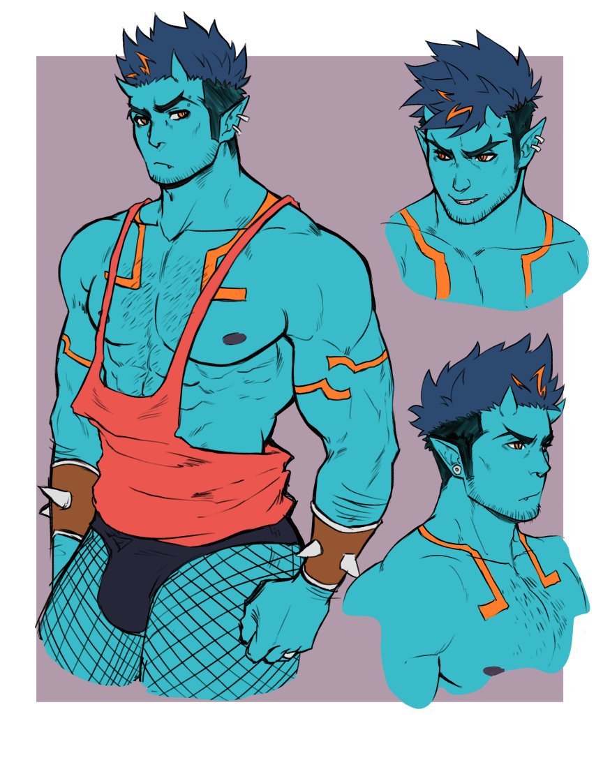 1boy, abs, bara, bare_arms, bare_chest, blue_oni, blue_skin, bracelet