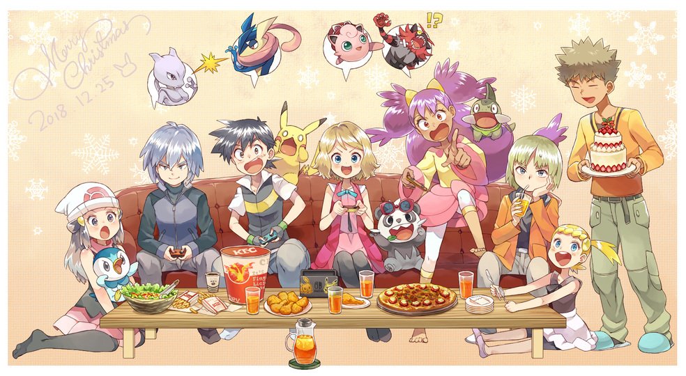 4boys, 4girls, ash_ketchum, axew, bangs, barefoot, beanie, black_hair