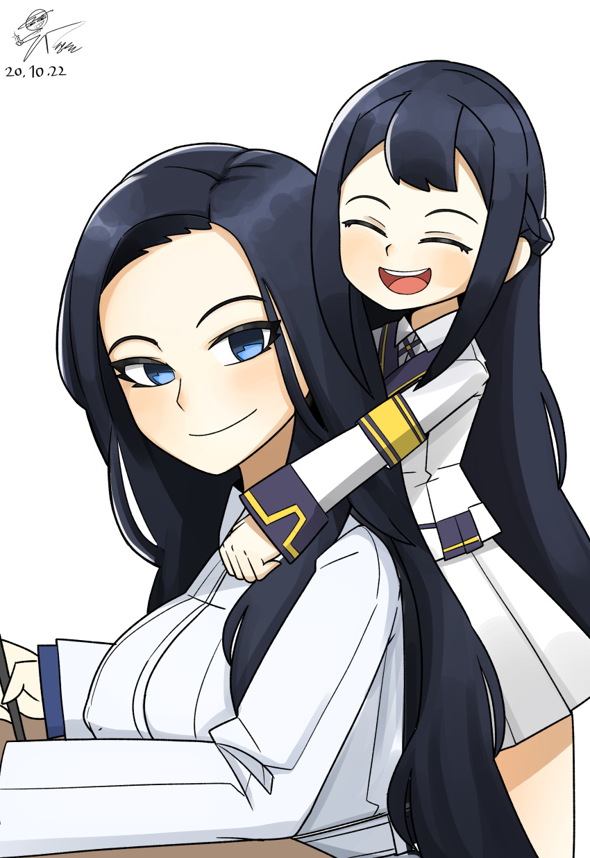 2girls, absurdres, bangs, black_hair, blue_eyes, braid, c-33_andvari, dated