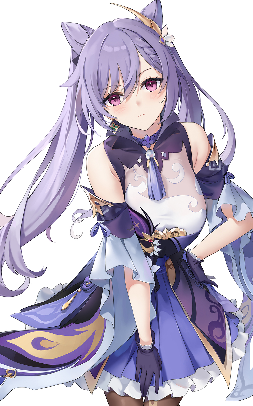 1girl, bare_shoulders, black_gloves, blue_dress, braid, breasts, brown_legwear, choker