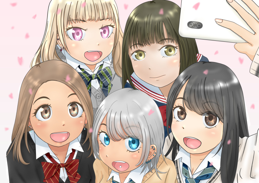 5girls, black_hair, blonde_hair, blue_eyes, brown_eyes, brown_hair, cellphone, cherry_blossoms, ear_piercing, earrings, edo_nishiki, grey_hair, gyaru, highres, jewelry, lipstick, long_hair, makeup, multiple_girls, open_mouth, original, phone, piercing, pink_eyes, school_uniform, self_shot, short_hair, smile, tan, tareme, tongue_piercing, tsurime, upper_body