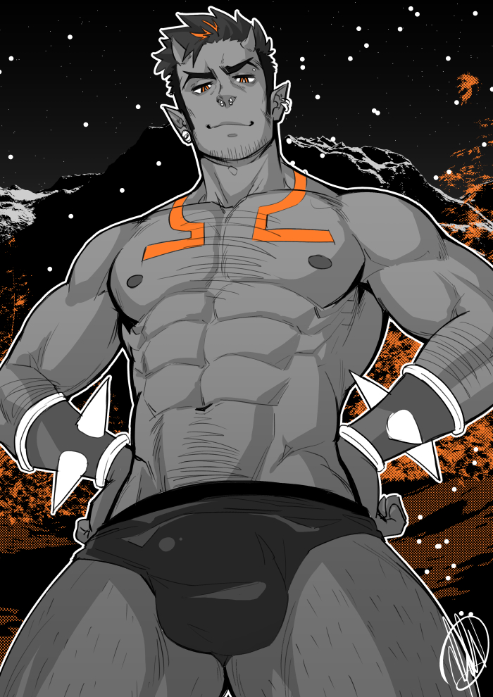 1boy, abs, bara, briefs, bulge, chest, chest_hair, cowboy_shot