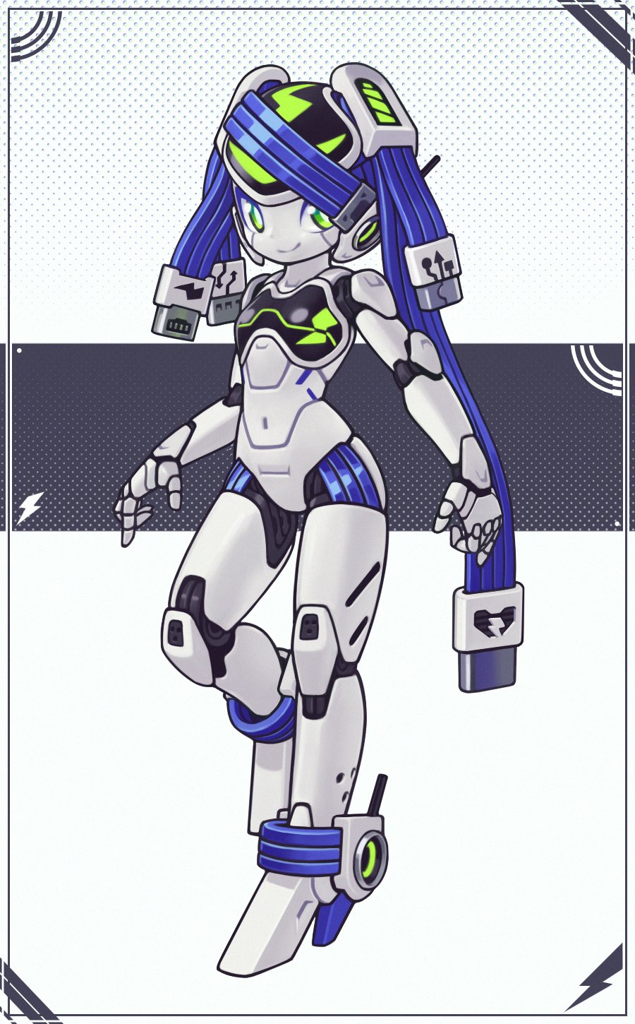 1girl, android, arms_at_sides, blue_hair, breasts, bright_pupils, cable, english_commentary