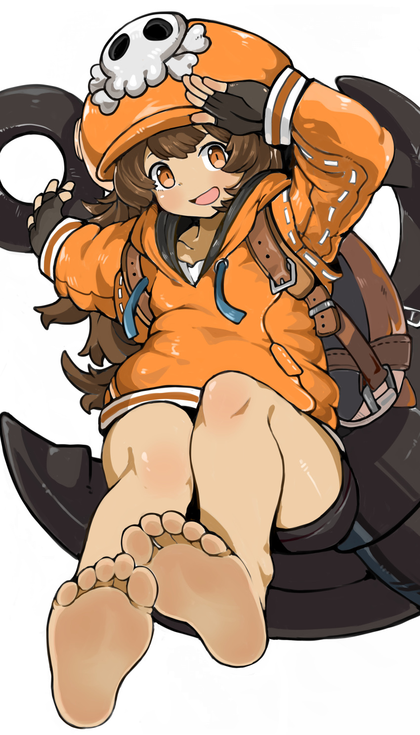 1girl, absurdres, anchor, ass, backpack, bag, bangs, barefoot