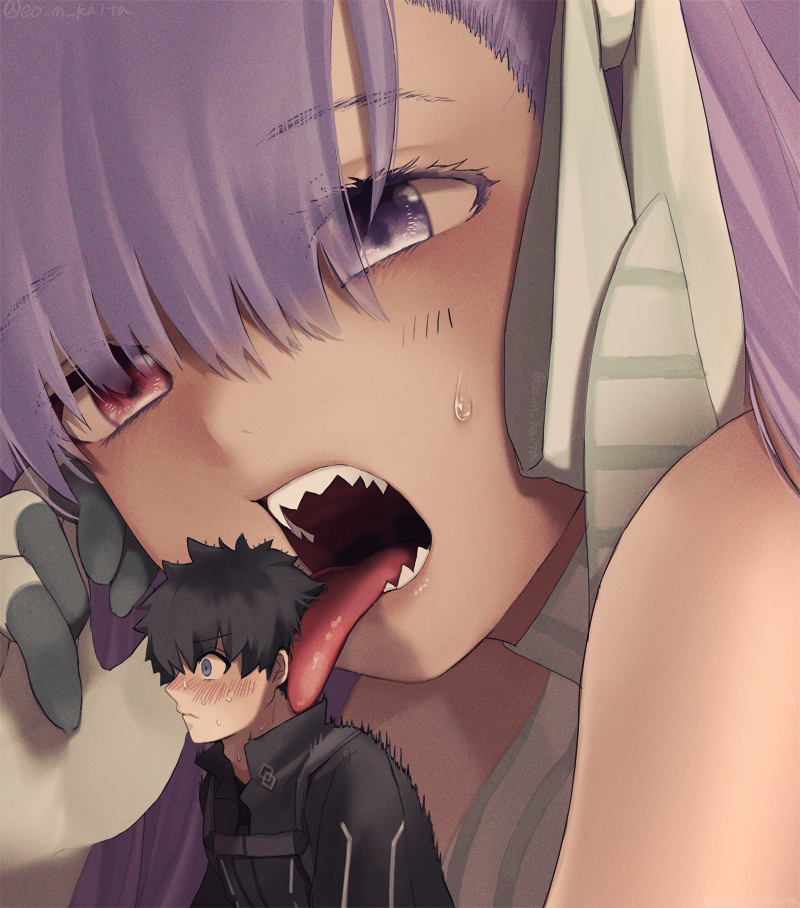 1boy, 1girl, bangs, black_hair, black_jacket, blue_eyes, blush, fate/extra