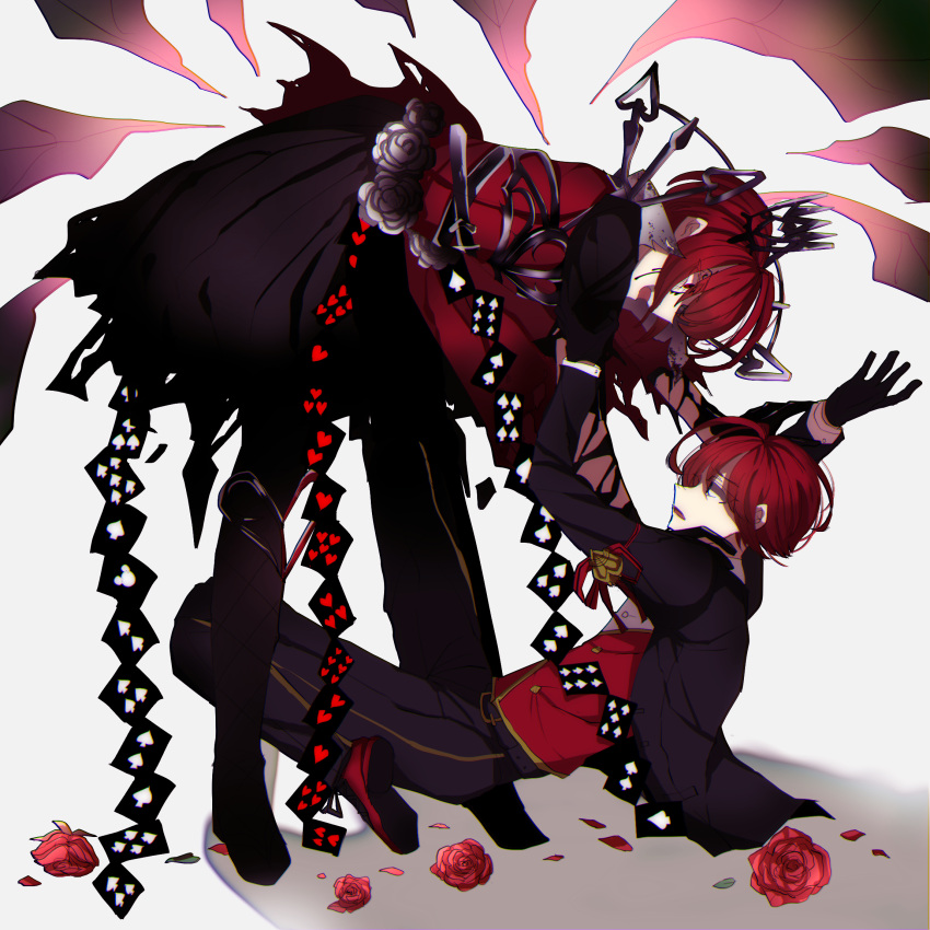 2boys, black_gloves, card, chromatic_aberration, clone, crown, dual_persona, flower