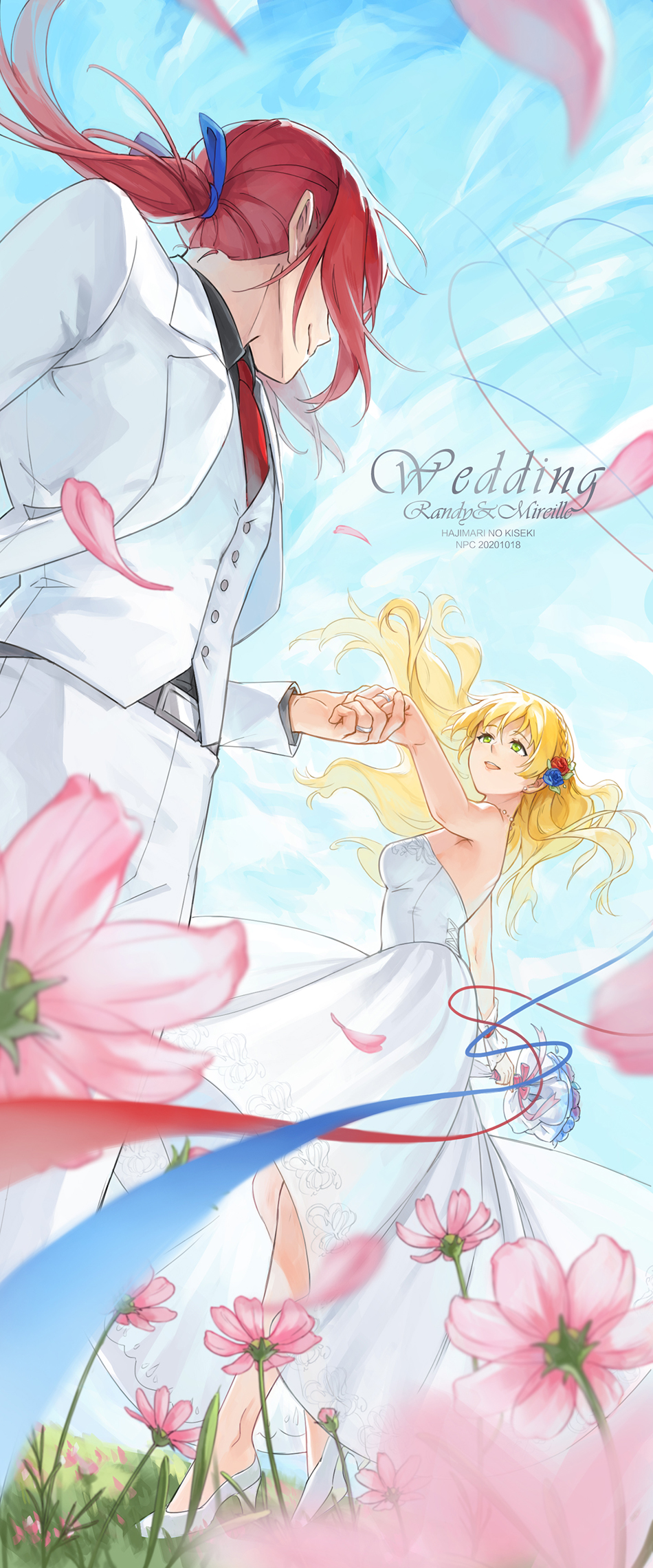 1boy, 1girl, bare_shoulders, blonde_hair, blue_sky, bouquet, character_name, commentary