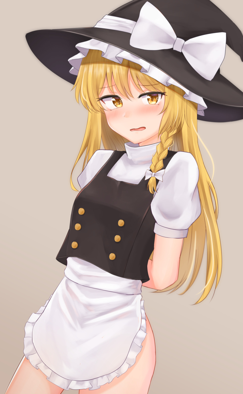 1girl, arms_behind_back, blonde_hair, blush, bow, braid, breasts, dakuazu, eyebrows_visible_through_hair, frilled_hat, frills, grey_background, hair_bow, hair_ornament, hat, highres, kirisame_marisa, long_hair, looking_at_viewer, open_mouth, shiny, shiny_hair, simple_background, small_breasts, solo, standing, touhou, wavy_mouth, witch, witch_hat