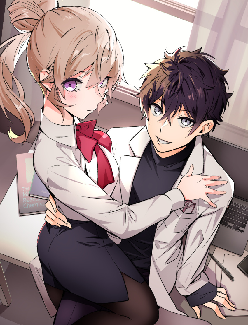 blonde_hair, long_hair, looking_at_viewer, miniskirt, nakiri_asahi, nakiri_erina, pantyhose, ponytail