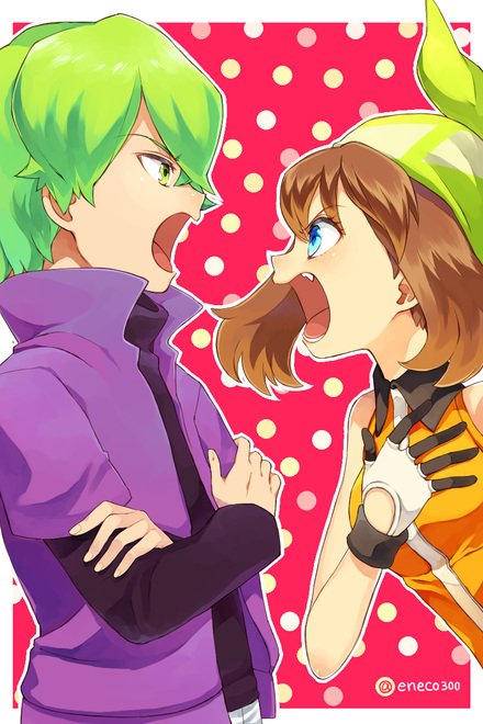 1boy, 1girl, artist_name, bangs, bare_arms, commentary_request, crossed_arms, drew_(pokemon), eyelashes, gloves, green_bandana, green_eyes, green_hair, looking_at_another, may_(pokemon), open_mouth, pokemon, pokemon_(anime), pokemon_rse_(anime), polka_dot, polka_dot_background, purple_shirt, sasairebun, shirt, short_sleeves, teeth, tongue, undershirt, watermark