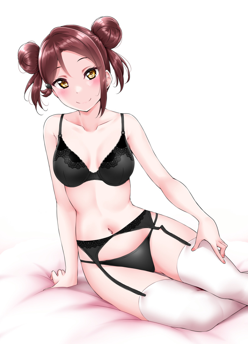 1girl, alternate_hairstyle, arm_support, bangs, bare_arms, bed, black_bra, black_panties