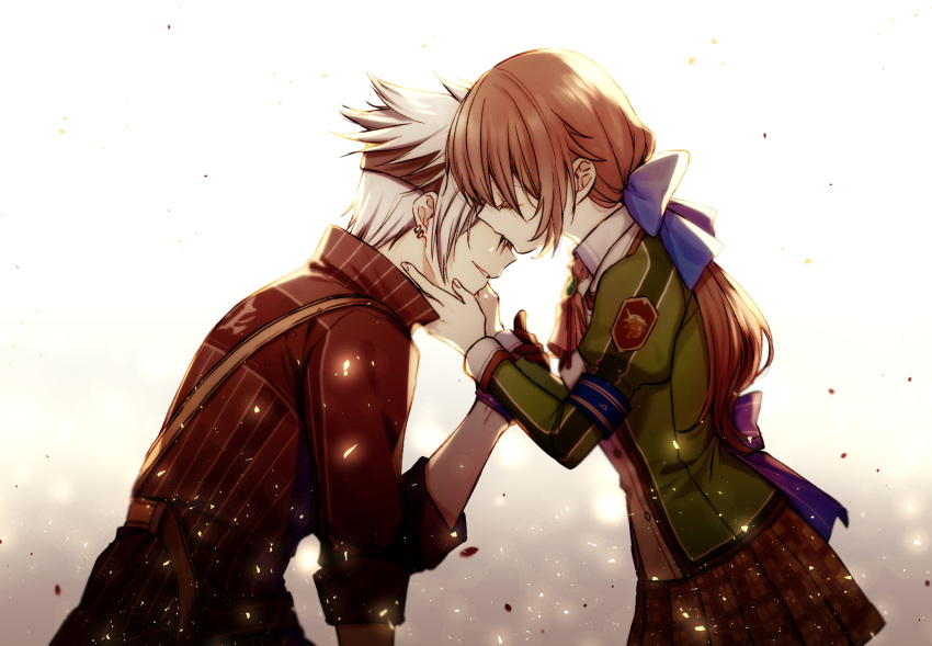 1boy, 1girl, armband, black_coat, black_gloves, bow, breasts, brown_hair, brown_skirt, cheek_kiss, closed_eyes, coat, commentary, covered_eyes, cowboy_shot, crow_armbrust, earrings, eiyuu_densetsu, eyelashes, from_side, gloves, gradient, gradient_background, green_jacket, grey_background, grin, hair_bow, hands_on_another's_face, headband, highres, jacket, jewelry, kiss, kneeling, long_hair, long_sleeves, miniskirt, plaid, plaid_skirt, pleated_skirt, ponytail, profile, school_uniform, sen_no_kiseki, short_hair, silver_hair, skirt, small_breasts, smile, soap_(user_kghh4755), towa_herschel, white_background