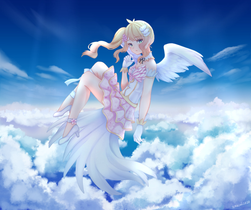 1girl, above_clouds, angel_wings, blonde_hair, closed_mouth, commentary, english_commentary, feathered_wings