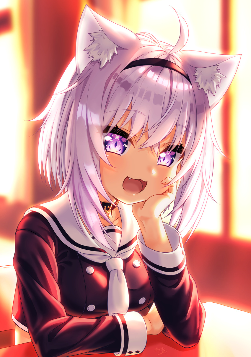 1girl, absurdres, ahoge, animal_ear_fluff, animal_ears, backlighting, bangs, black_serafuku, blurry, blurry_background, blush, calzooone, cat_ears, cat_girl, collar, commentary_request, desk, eyebrows_visible_through_hair, fang, hair_between_eyes, hairband, head_rest, highres, hololive, indoors, looking_at_viewer, neckerchief, nekomata_okayu, open_mouth, purple_hair, sailor_collar, school_uniform, serafuku, shiny, shiny_hair, short_hair, sidelocks, solo, violet_eyes, virtual_youtuber, white_neckwear