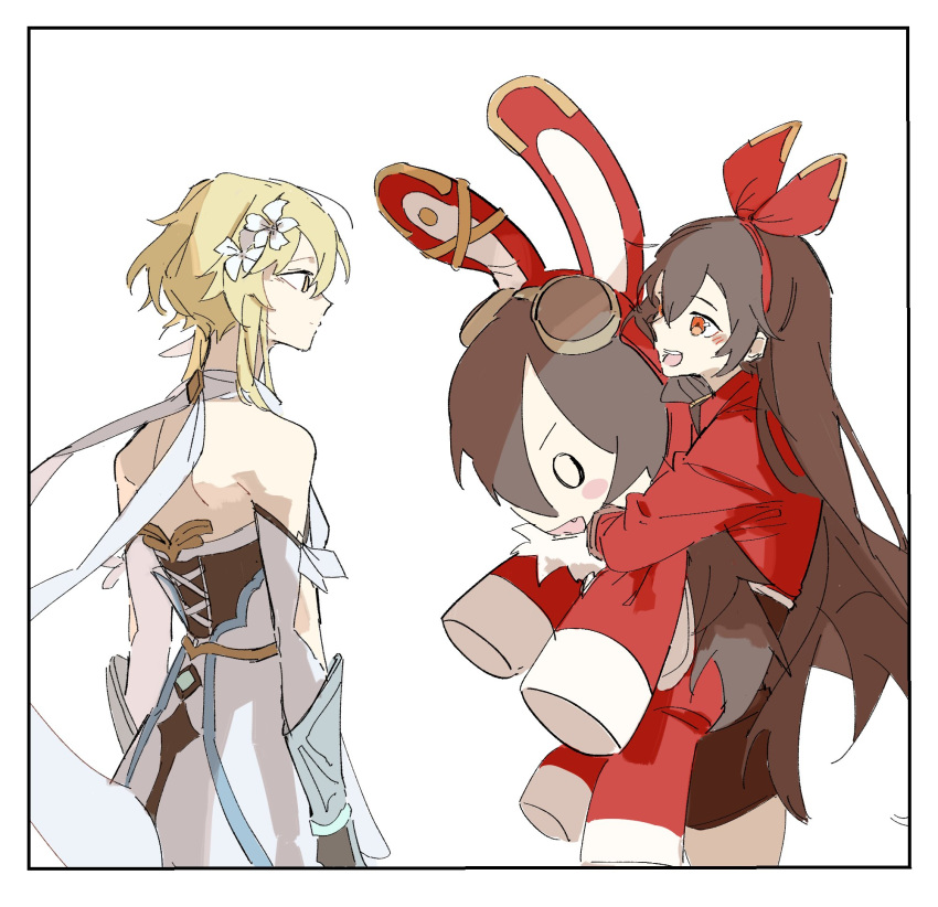 2girls, amber_(genshin_impact), bangs, bare_shoulders, baron_bunny, blonde_hair, breasts, brown_hair, brown_shorts, detached_sleeves, dress, flower, genshin_impact, gloves, hair_between_eyes, hair_flower, hair_ornament, highres, kurattes, long_hair, lumine_(genshin_impact), multiple_girls, open_mouth, red_ribbon, ribbon, short_shorts, shorts, sleeveless, sleeveless_dress, smile, white_dress, yellow_eyes