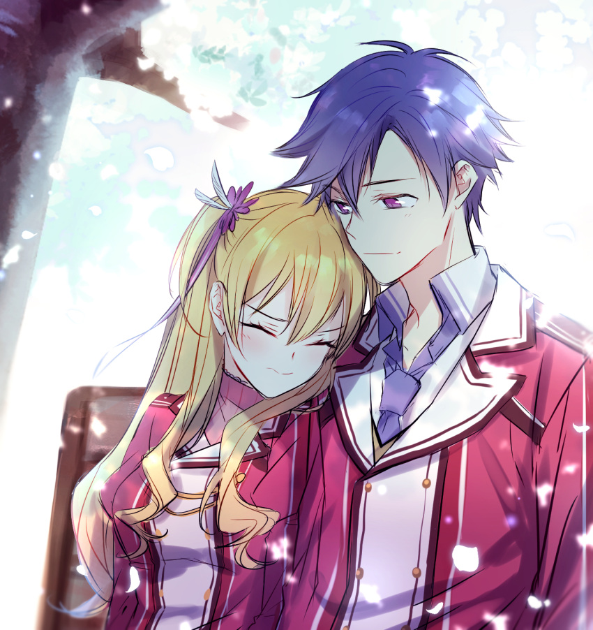 1boy, 1girl, alisa_reinford, bench, blue_hair, blue_neckwear, blush, breasts