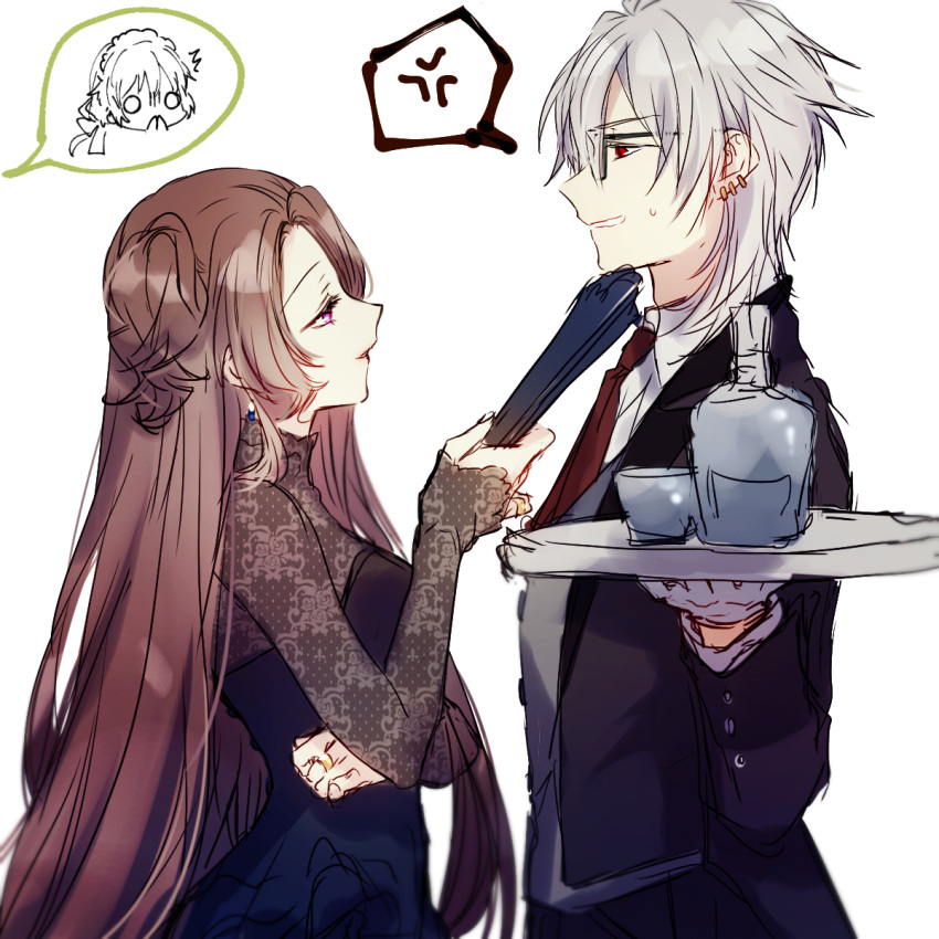 1boy, 2girls, alternate_costume, anger_vein, bespectacled, black_jacket, black_pants, black_suit
