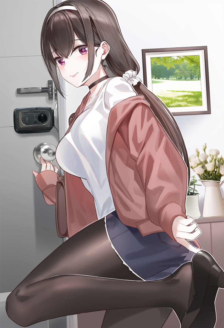 1girl, adjusting_clothes, adjusting_shoe, bangs, black_footwear, black_legwear, blush, breasts