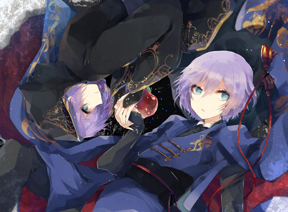 2boys, apple, blue_eyes, bridal_gauntlets, clone, collared_shirt, dual_persona, epel_felmier