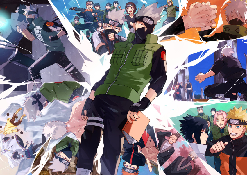 3girls, 6+boys, ^_^, absurdres, age_progression, akatsuki_uniform, aqua_eyes, arm_behind_head