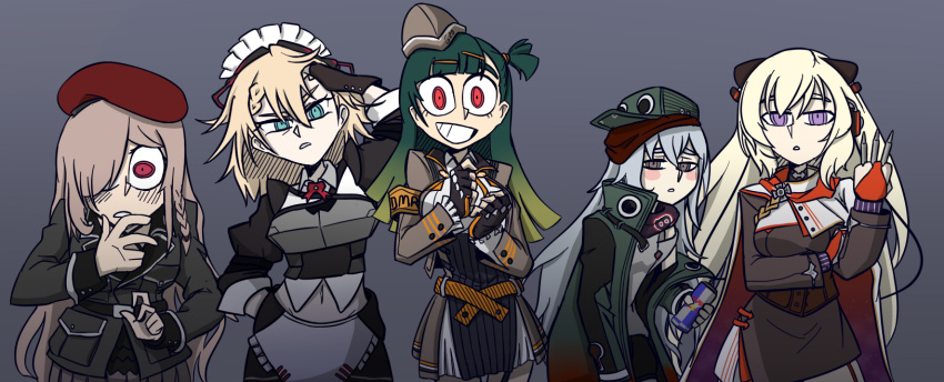 5girls, apron, bangs, beret, blonde_hair, blue_eyes, body_armor, braid