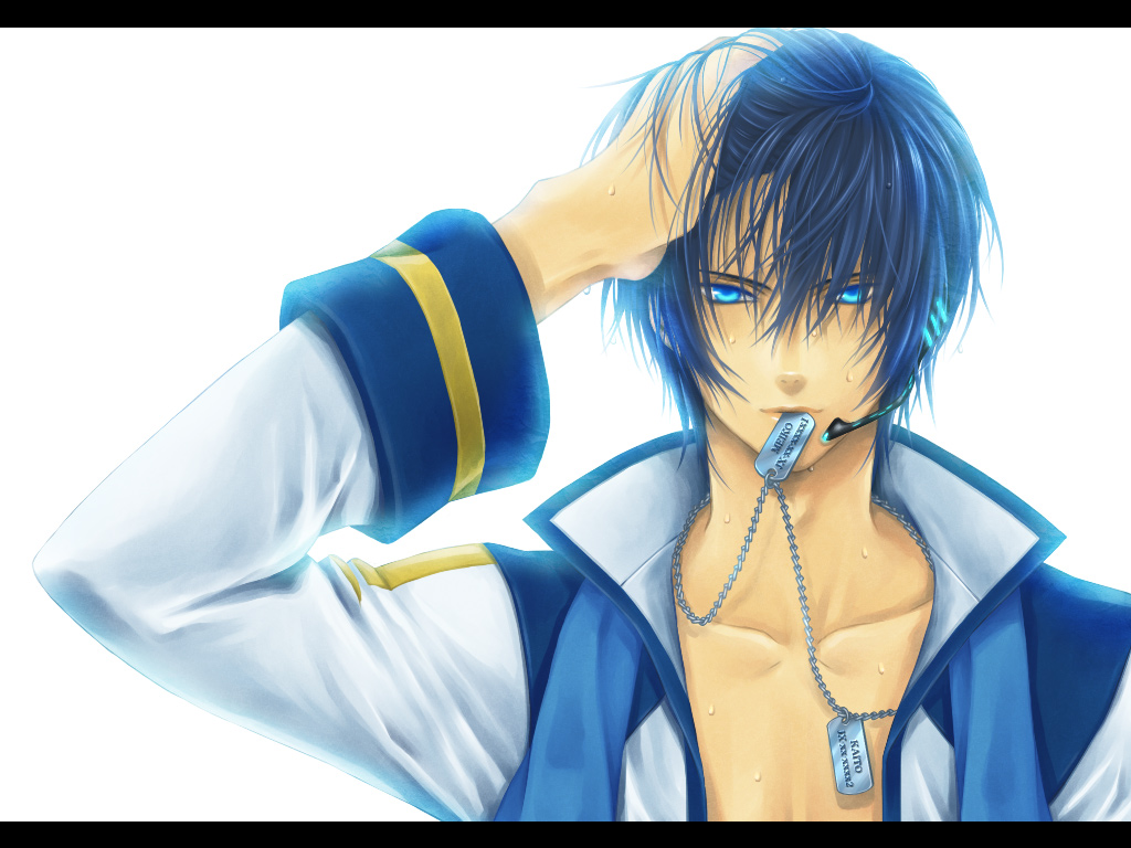 1boy, blue_eyes, blue_hair, chain, coat, dog_tags, earphones, glowing