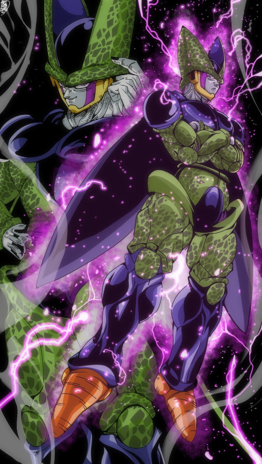 1boy, black_nails, cell_(dragon_ball), closed_mouth, commentary_request, crossed_arms, dragon_ball, dragon_ball_z