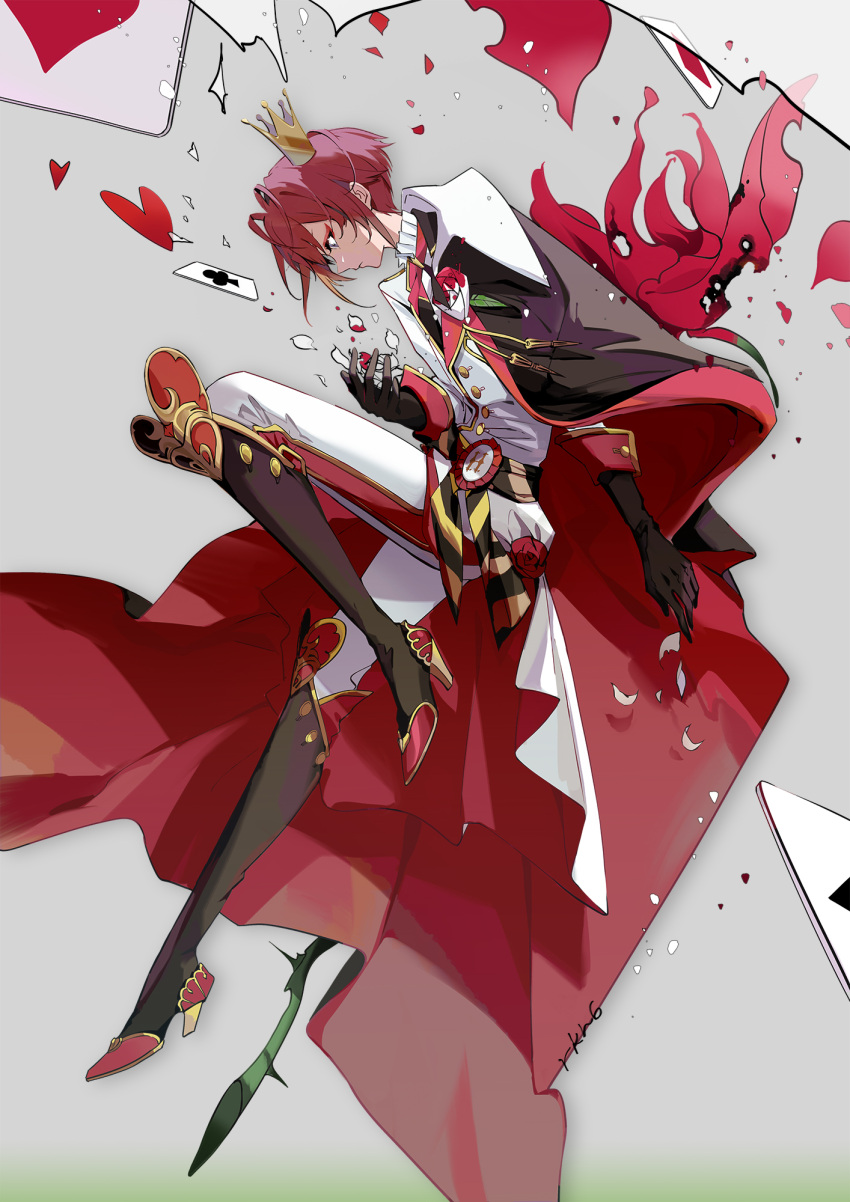 1boy, ace_of_clubs, ace_of_diamonds, ace_of_hearts, antenna_hair, artist_name, black_gloves, boots