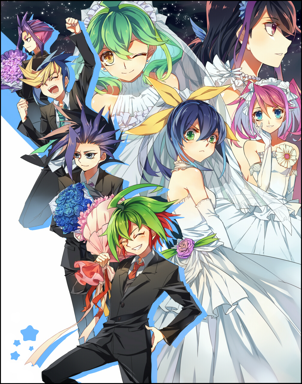 4boys, 4girls, black_hair, blue_eyes, blue_flower, blue_hair, bouquet, brown_eyes