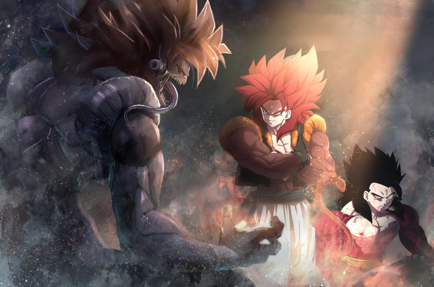 3boys, absurdres, aqua_eyes, black_hair, bleeding, blood, closed_mouth, commentary_request, crossed_arms, dragon_ball, dragon_ball_gt, dragon_ball_heroes, fin_(dragon_ball), fingernails, fur, gogeta, greymon_(nodoame1215), highres, huge_filesize, long_hair, male_focus, multiple_boys, muscle, orange_hair, pants, parted_lips, redhead, sash, scrape, sharp_teeth, smile, son_gohan, spiky_hair, super_saiyan, super_saiyan_4, sweat, tail, teeth, tongue, tongue_out, yellow_eyes