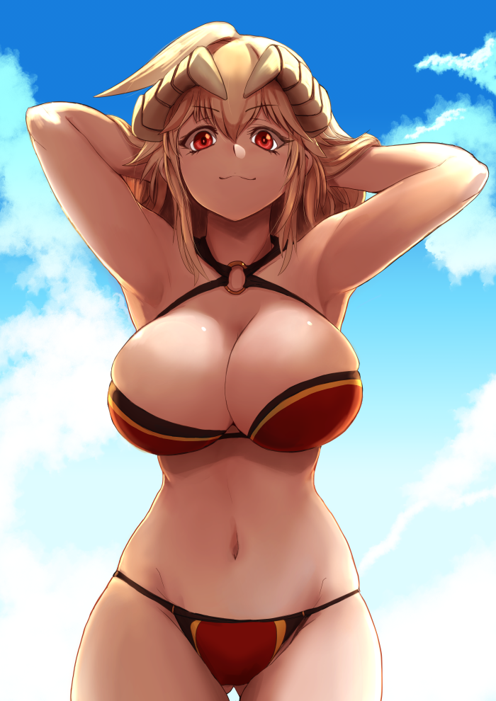 armpits, arms_behind_head, ass_visible_through_thighs, bikini, breasts, day, fujioka_yatsufusa, hair_between_eyes, halterneck, horns, krushu_cornou, large_breasts, looking_at_viewer, medium_hair, o-ring, outdoors, pixiv_fantasia, pixiv_fantasia_last_saga, red_bikini, red_eyes, standing, swimsuit