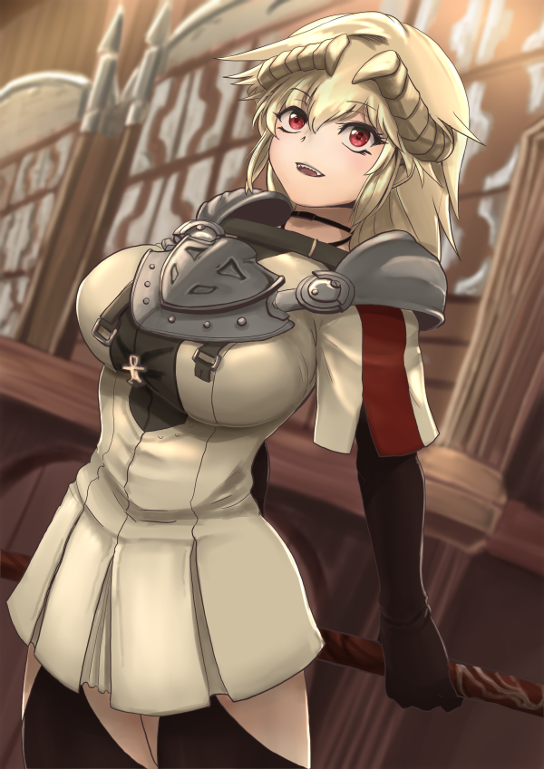 1girl, :d, armor, black_gloves, black_legwear, blonde_hair, breasts, elbow_gloves, fujioka_yatsufusa, gloves, hair_between_eyes, holding, holding_weapon, horns, impossible_clothes, indoors, krushu_cornou, large_breasts, open_mouth, pixiv_fantasia, pixiv_fantasia_last_saga, red_eyes, short_hair, smile, solo, standing, weapon