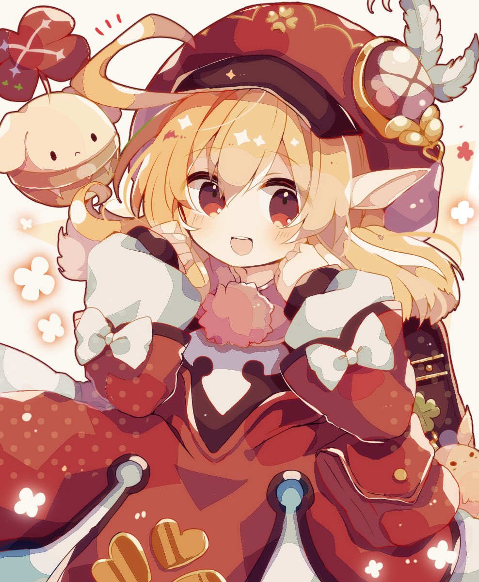 1girl, :d, ahoge, backpack, bag, bag_charm, bangs, blonde_hair, blush, cabbie_hat, charm_(object), clover, commentary, dress, genshin_impact, hands_on_own_face, hat, hat_feather, highres, huge_ahoge, klee_(genshin_impact), long_sleeves, medium_hair, mina_(sio0616), no_nose, open_mouth, pom_pom_(clothes), randoseru, red_dress, red_eyes, red_headwear, simple_background, sleeves_past_wrists, smile, solo, upper_body, upper_teeth, white_background, white_feathers, wide_sleeves