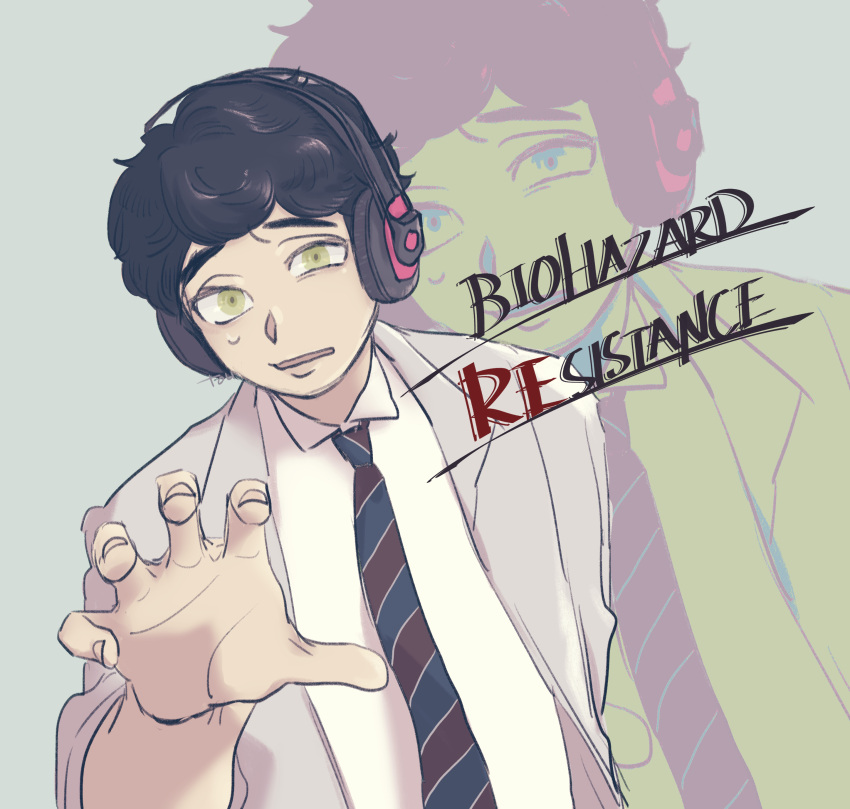 1boy, absurdres, artist_name, black_hair, bukihuman, copyright_name, curly_hair, earphones, green_eyes, grey_background, highres, jewelry, male_focus, martin_sandwich, necklace, open_mouth, resident_evil:_resistance, solo