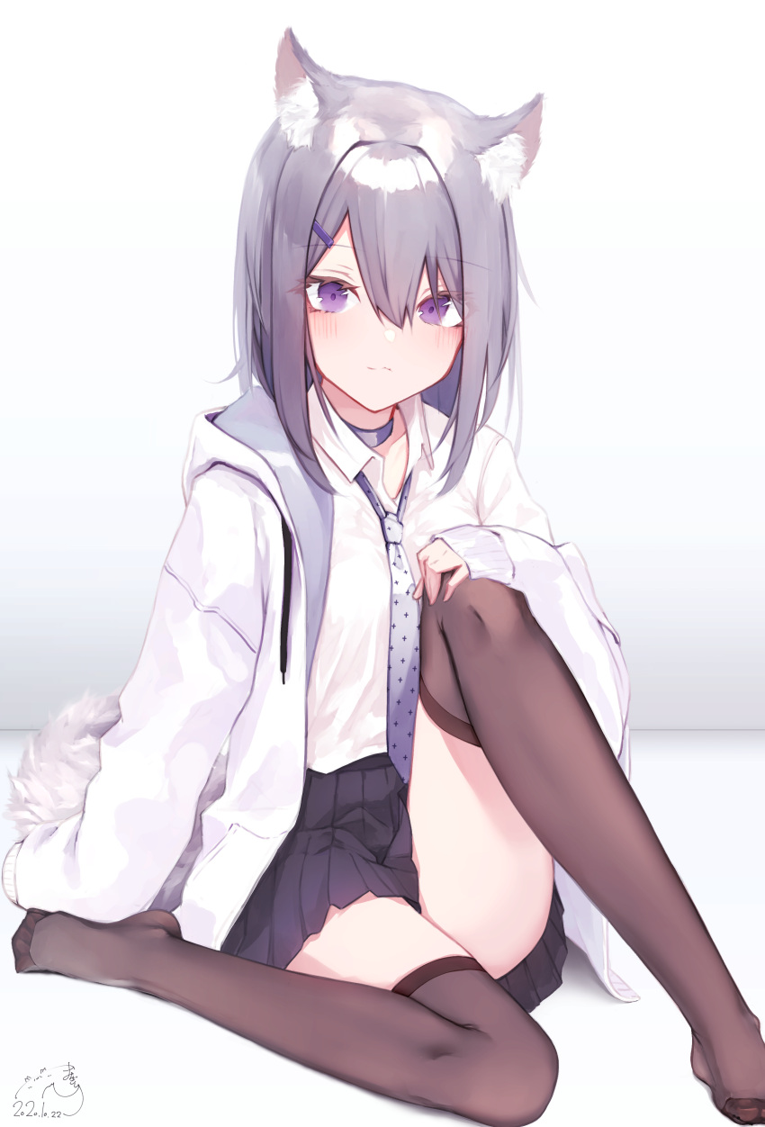 1girl, absurdres, animal_ear_fluff, animal_ears, bangs, black_skirt, blush, brown_legwear, choker, closed_mouth, collared_shirt, commentary, dated, drawstring, eyebrows_visible_through_hair, grey_hair, hair_between_eyes, hair_ornament, hairclip, hand_on_own_knee, hand_up, highres, hood, hood_down, hooded_jacket, jacket, knee_up, long_sleeves, looking_at_viewer, mayogii, necktie, no_shoes, open_clothes, open_jacket, original, pleated_skirt, polka_dot, polka_dot_neckwear, purple_choker, romaji_commentary, shirt, signature, sitting, skirt, sleeves_past_fingers, sleeves_past_wrists, solo, tail, thigh-highs, violet_eyes, white_jacket, white_shirt