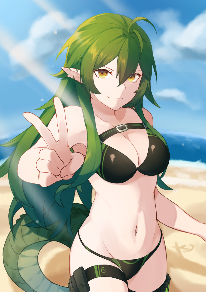 1girl, absurdres, arknights, bare_arms, bare_shoulders, beach, breasts, clouds