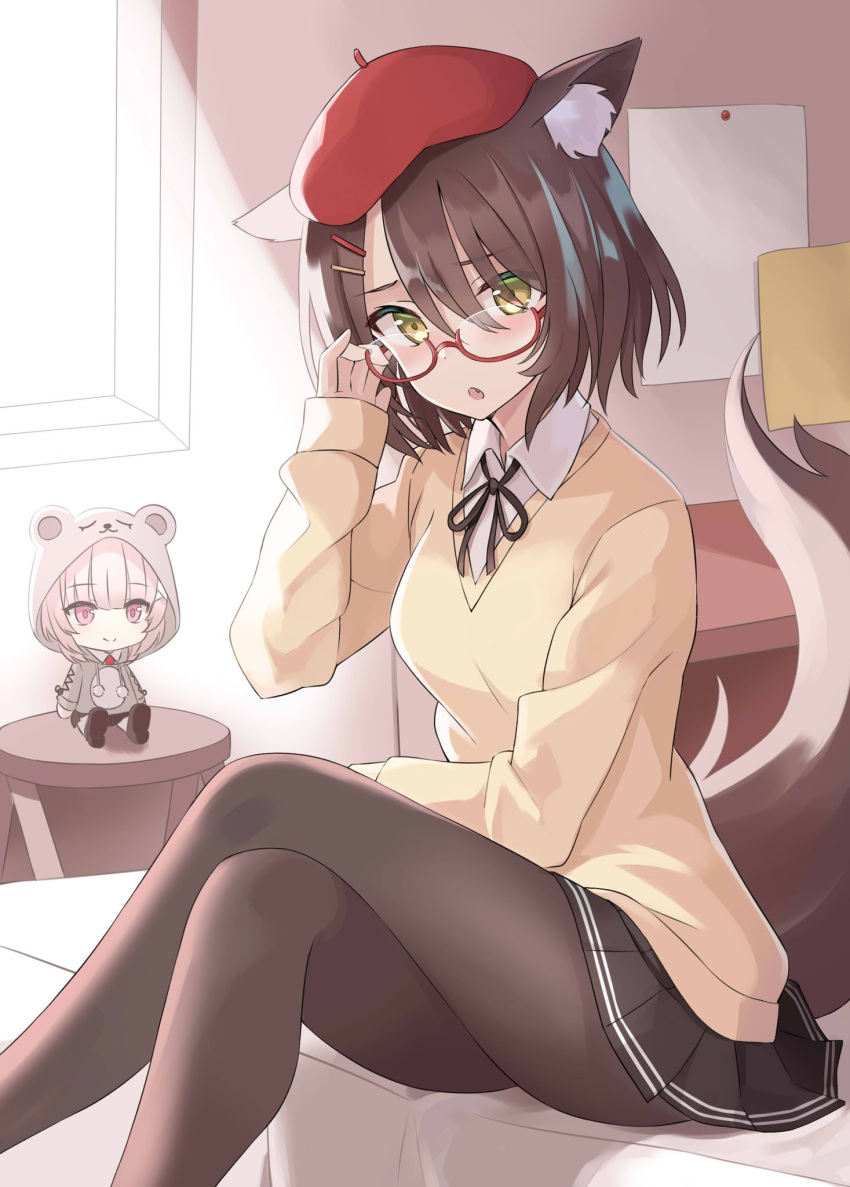100, 1girl, animal_ear_fluff, animal_ears, beret, breasts, brown_eyes, brown_hair