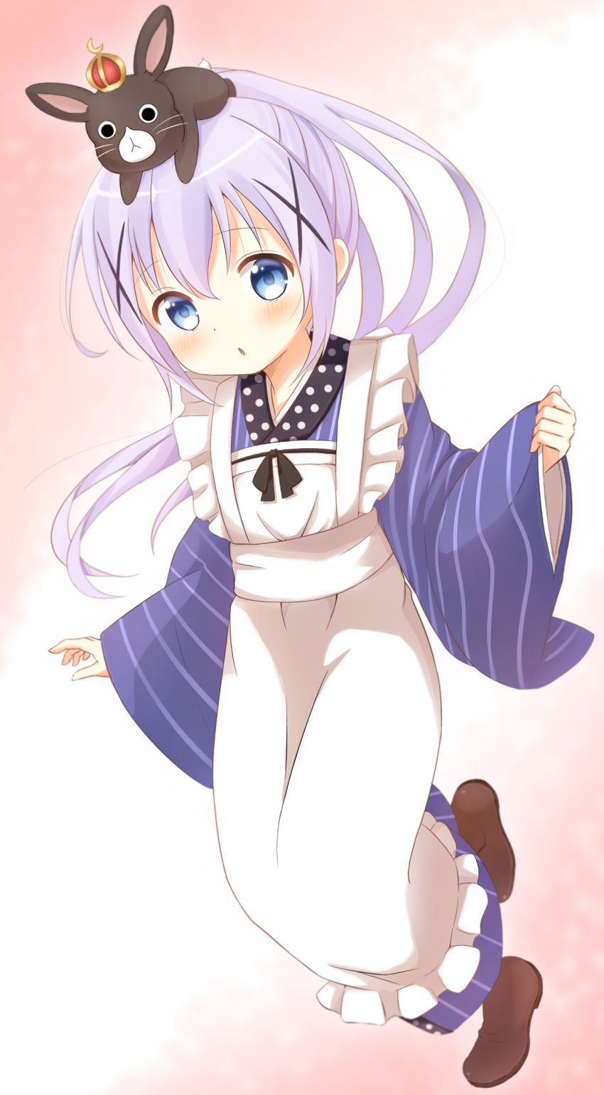 1girl, absurdres, ama_usa_an_uniform, animal_on_head, anko_(gochiusa), apron, bangs, black_ribbon