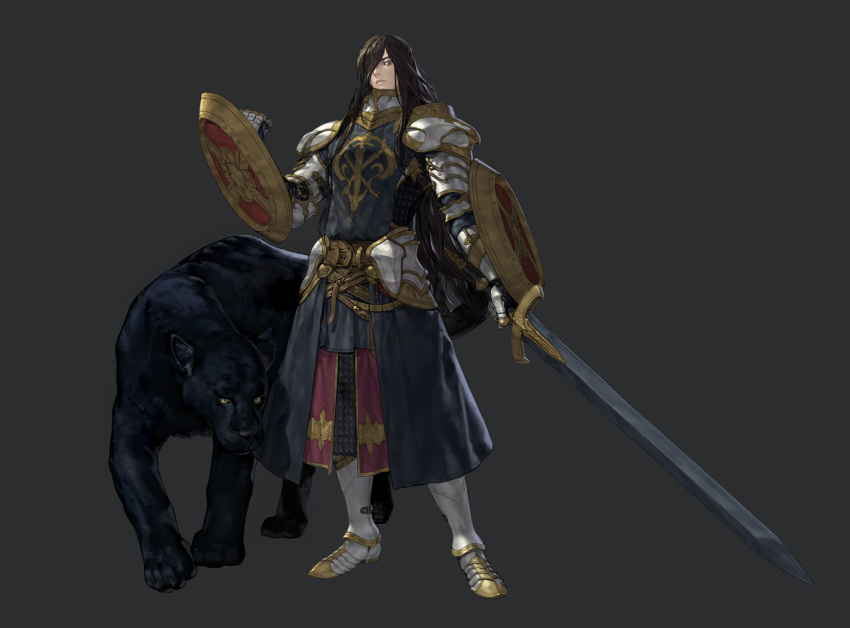 1boy, armor, black_panther, boots, brown_hair, cape, chainmail, closed_mouth