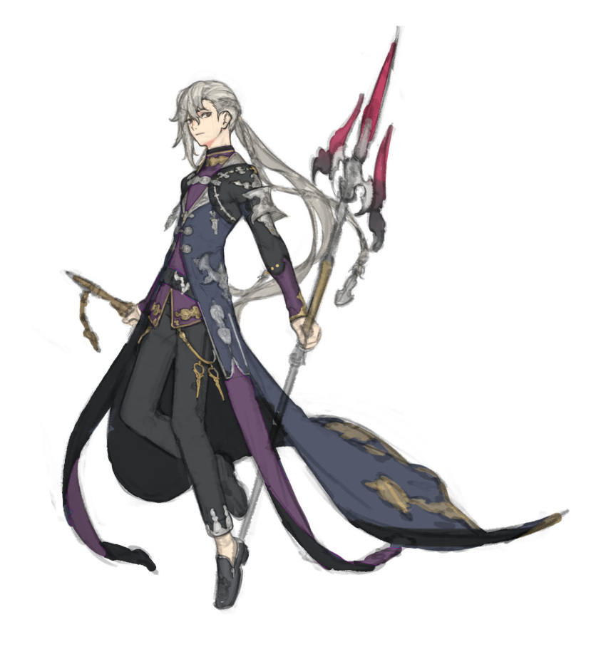1boy, black_footwear, black_pants, blue_coat, closed_mouth, coat, full_body, grey_hair, highres, holding, holding_weapon, jaeyeong, long_hair, looking_at_viewer, male_focus, original, pants, polearm, ponytail, red_eyes, shoes, shrug_(clothing), simple_background, solo, trident, weapon, white_background